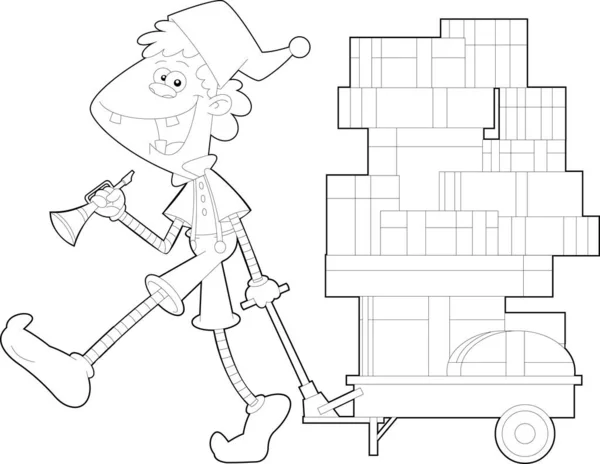 Obrysy Santa Little Elf Helper Cartoon Character Táhne Košík Dárkovými — Stockový vektor