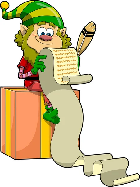 Santa Little Elf Helper Cartoon Character Writing List Inglés Ilustración — Vector de stock