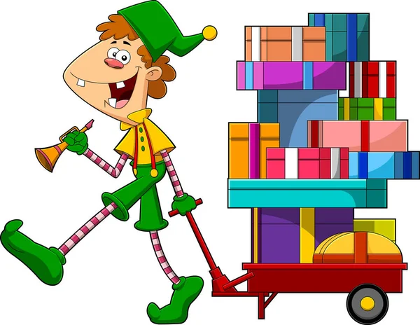 Santa Little Elfer Helper Cartoon Character Zieht Einen Einkaufswagen Mit — Stockvektor