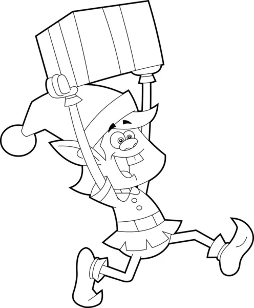 Outlined Santa Little Elf Helper Cartoon Character Runs Gift Raster — Stock Vector