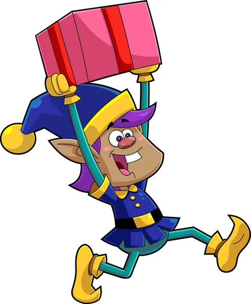 Santa Little Black Elf Helper Cartoon Character Runs Gift Box — Stockový vektor