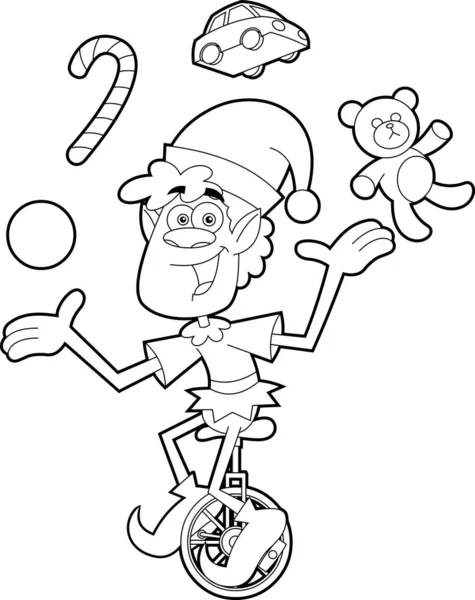 Obrys Santa Little Elf Helper Cartoon Character Žonglování Hračkami Jízda — Stockový vektor