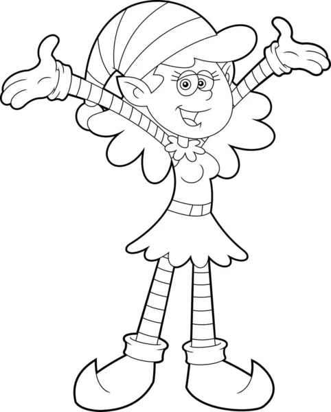 Garis Besar Santa Little Female Elf Helper Cartoon Character Open - Stok Vektor