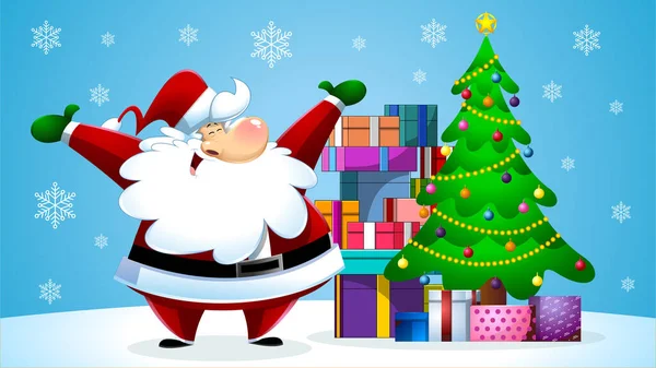 Weihnachtsmann Cartoon Figur Mit Geschenkschachteln Und Weihnachtsbaum Raster Flat Design — Stockvektor