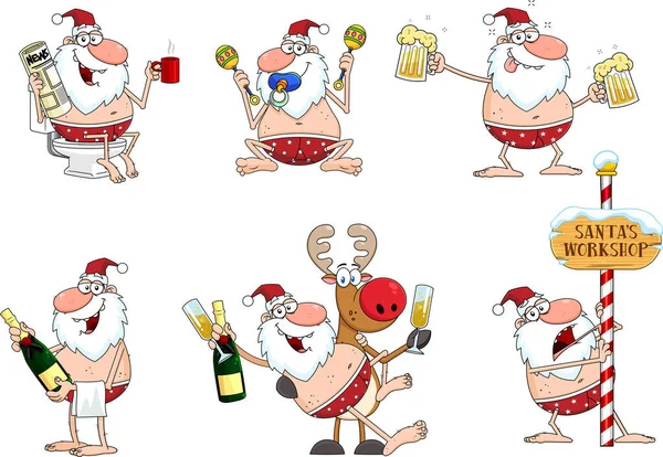 醉酒的赤身裸体圣诞老人和驯鹿卡通人物 — 图库矢量图片