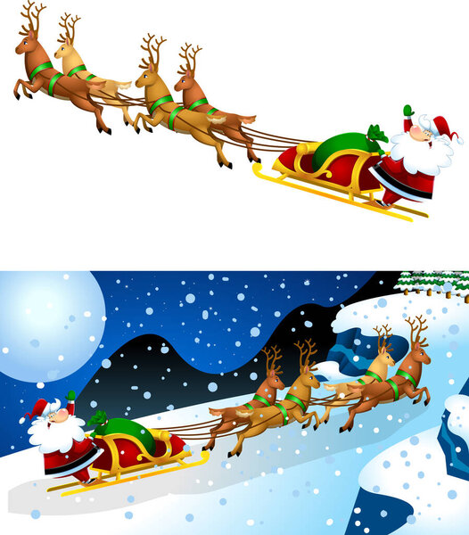 Santa Claus Cartoon Character A Reindeers Flying In A Sleigh. Flat Design Illustration