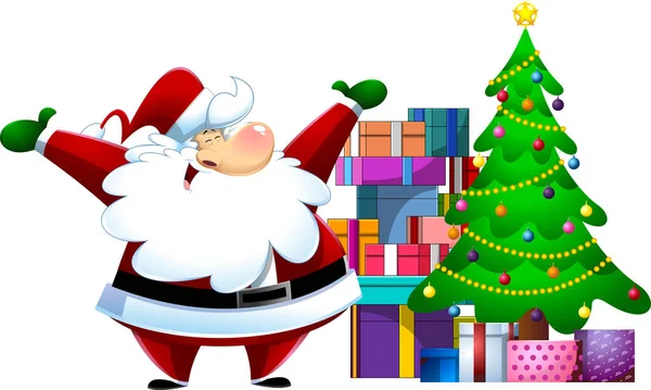 Weihnachtsmann Cartoon Figur Mit Geschenkschachteln Und Weihnachtsbaum Flachbild Illustration Isoliert — Stockvektor