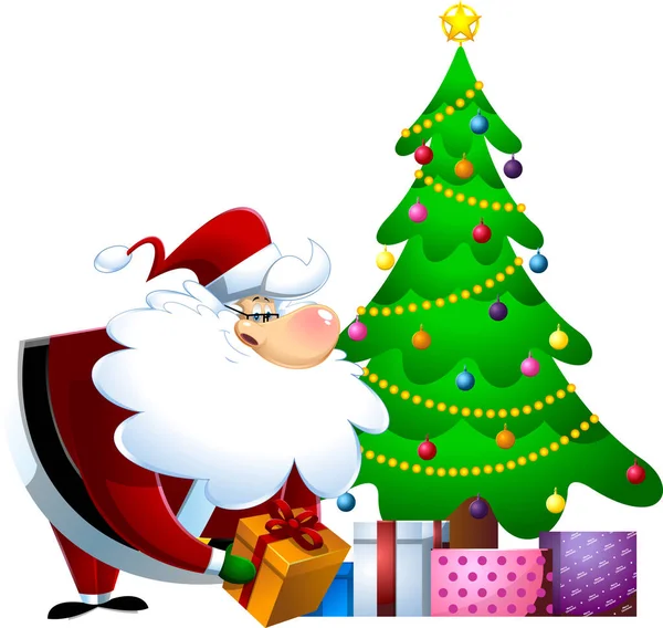 Santa Claus Personaje Dibujos Animados Poner Regalos Bajo Árbol Navidad — Vector de stock