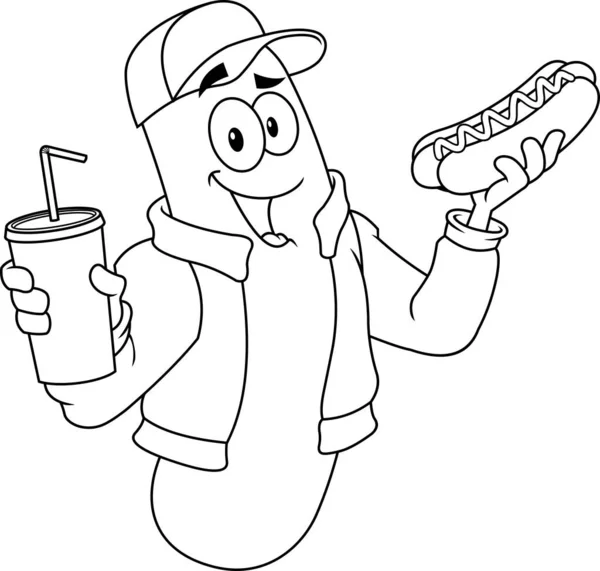 Happy Sausage Personnage Bande Dessinée Tenant Soda Hot Dog Illustration — Image vectorielle