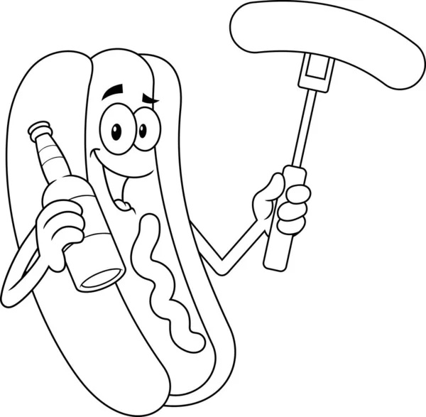 Smiling Hot Dog Cartoon Character Holding Beer Sausage Fork 빌보드 — 스톡 벡터