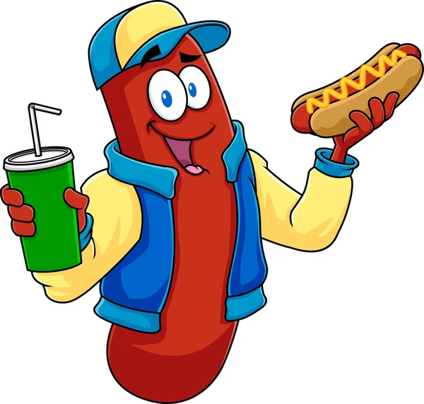 Happy Sausage Cartoon Character Drží Sodovku Hot Dog Vektorové Ručně — Stockový vektor