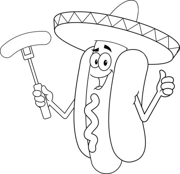 メキシコのホットドッグ漫画キャラクターがフォークでソーセージを保持しています 透明感のある背景に独立したベクトル手描きイラスト — ストックベクタ