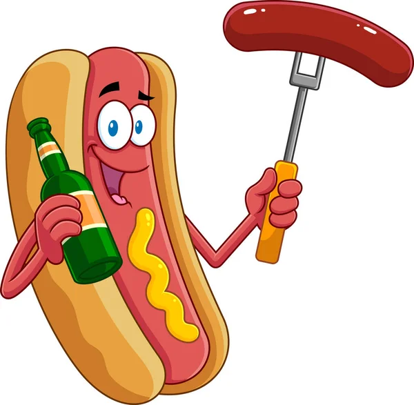 Smiling Hot Dog Cartoon Character Holding Beer Sausage Fork Vector — Stock Vector