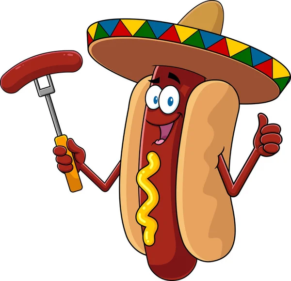 Mexická Hot Dog Cartoon Character Drží Klobásu Vidličce Vektorové Ručně — Stockový vektor