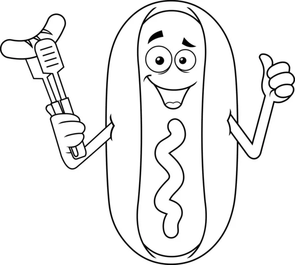 笑热狗卡通角色抱着香肠在叉子上 在透明背景下孤立的矢量手绘图解 — 图库矢量图片
