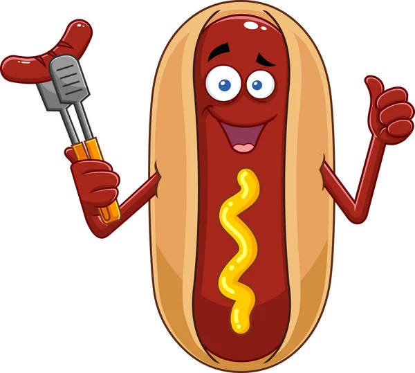 Smiling Hot Dog Cartoon Character Holding Sausage Fork Vector Hand — Stock Vector