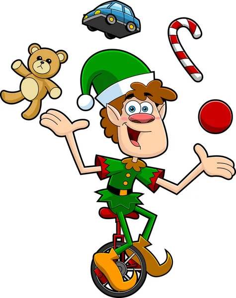 Elfe Santa Helper Personnage Bande Dessinée Jongler Avec Des Jouets — Image vectorielle
