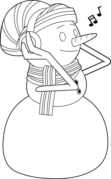 Diuraikan Karakter Kartun Snowman Dengan Headphone Mendengarkan Musik Vector Hand - Stok Vektor