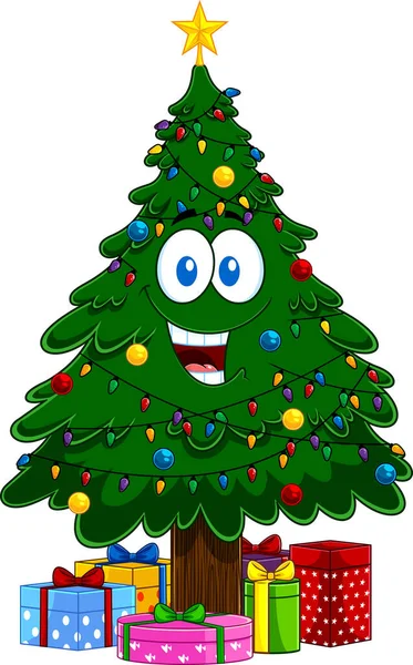 Happy Green Christmas Tree Cartoon Character Dekorationen Mit Sternen Kugeln — Stockvektor