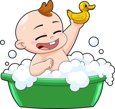 Mutlu Bebek Çocuk Çizgi Film Karakteri Havuzda Banyo Yapıyor. Vektör El Çizimi Görünümü Şeffaf Arkaplanda İzole Edildi