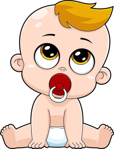 Söt Baby Boy Cartoon Character Sitter Med Pacifier Munnen Och — Stock vektor