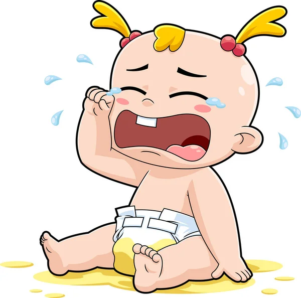 Cute Baby Girl Cartoon Character Crying Vector Hand Drawn Illustration — Stock Vector
