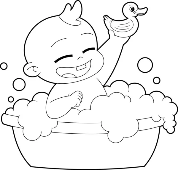 Redogör För Happy Baby Boy Cartoon Character Bathes Ett Bassäng — Stock vektor