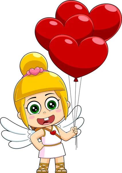 Kobieta Chibi Cupid Baby Postać Kreskówek Balonami Serca Raster Ręcznie — Wektor stockowy