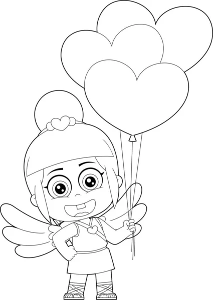 Garis Besar Female Chibi Cupid Baby Cartoon Character Heart Balloons - Stok Vektor
