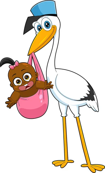 Stork Delivering African American Baby Girl Cartoon Characters Inglés Ilustración — Vector de stock