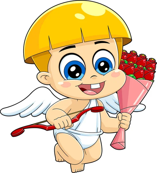Cute Cupid Baby Cartoon Character Holding Bouquet Vector Hand Drawn — Stock Vector