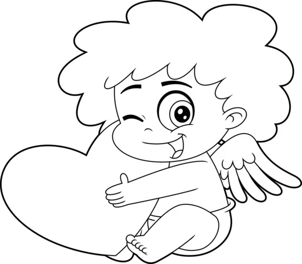 Outlined Winking Cupid Baby Cartoon Character Holding Heart Vector Hand — Vector de stock