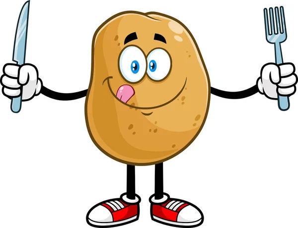 Hungry Potato Cartoon Character Licking Lips Holding Silverware Vector Hand — Stock Vector
