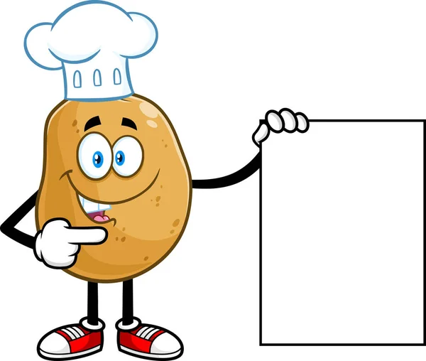 Potato Chef Cartoon Character Pointing Blank Sign Vector Hand Drawn — Vetor de Stock