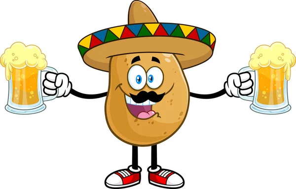 Mexican Potato Cartoon Character Sombrero Two Mugs Beer Vector Hand — стоковий вектор