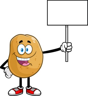 Happy Potato Chef Cartoon Character Holding Up A Blank Sign. Raster Hand Drawn Illustration Isolated On White Background