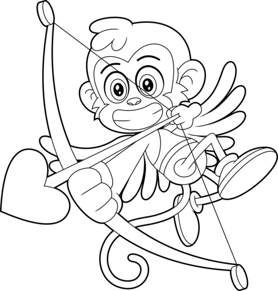 Outlined Funny Monkey Cupid Cartoon Character Bow Arrow Flying Raster — Stockvector