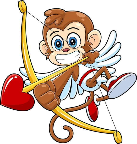 Funny Monkey Cupid Cartoon Character Bow Arrow Flying Raster Hand — Stok Vektör