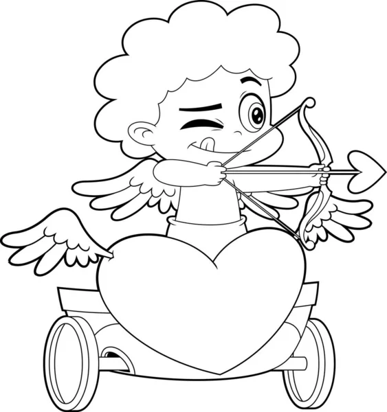 Outlined Cute Cupid Baby Cartoon Character Shoots Bow Cart Heart — Stockvector