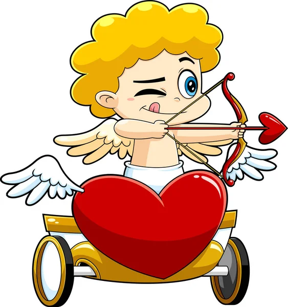 Cute Cupid Baby Cartoon Character Shoots Bow Cart Heart Raster — Stockvector