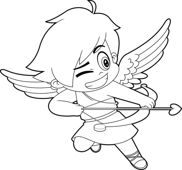 Outlined Cute Cupid Baby Cartoon Character Flying His Bow Arrow — Stockvector