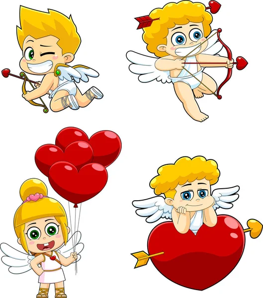 Cute Cupid Baby Cartoon Characters Raster Collection Set Isolated White — Stockvector