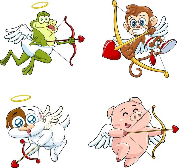 Cute Animals Cupid Cartoon Character Raster Collection Set Isolated White — Stockvector