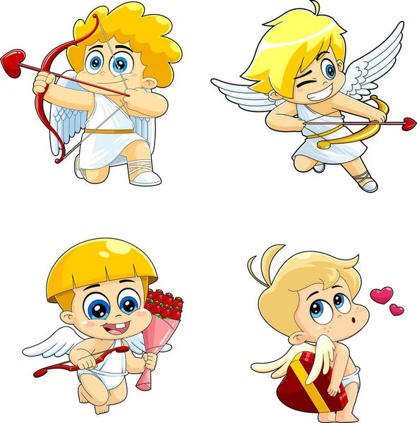 Cute Cupid Baby Cartoon Character Raster Collection Set Isolated White — Stockvector