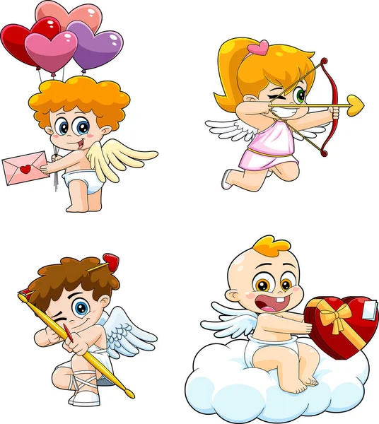 Cute Cupid Baby Cartoon Character Raster Collection Set Isolated White — Stockvector