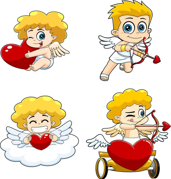 Cute Cupid Babies Cartoon Characters Raster Collection Set Isolated White — Vetor de Stock
