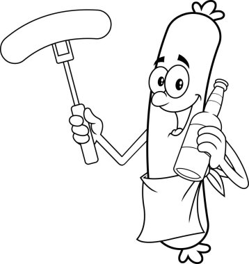 Outlined Happy Sausage Chef Cartoon Character Holding Beer And Sausage On A Fork. Vector Hand Drawn Illustration Isolated On Transparent Background