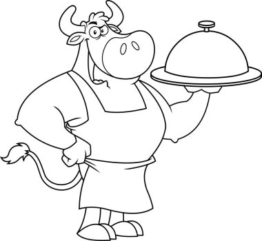 Outlined Bull Chef Cartoon Mascot Character Holding A Silver Platter. Vector Hand Drawn Illustration Isolated On Transparent Background