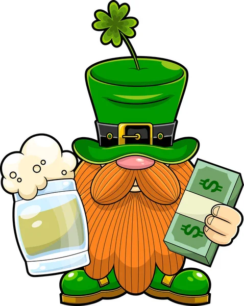 Patrick Day Irish Gnome Cartoon Character Holding Glass Beer Wad — Image vectorielle