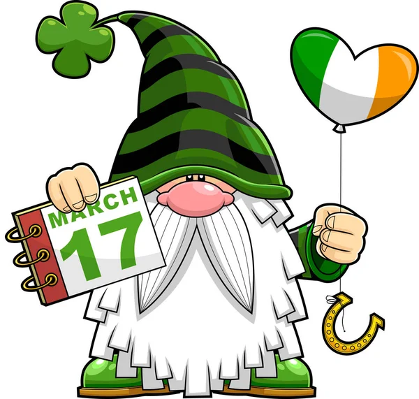 Patrick Day Gnome Cartoon Character Holding Calendar Irish Heart Balloon — Stock Vector
